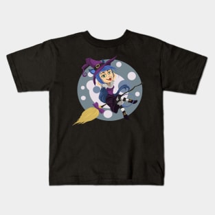 Catwoman Witch Hybrid Chilling on Broomstick Kids T-Shirt